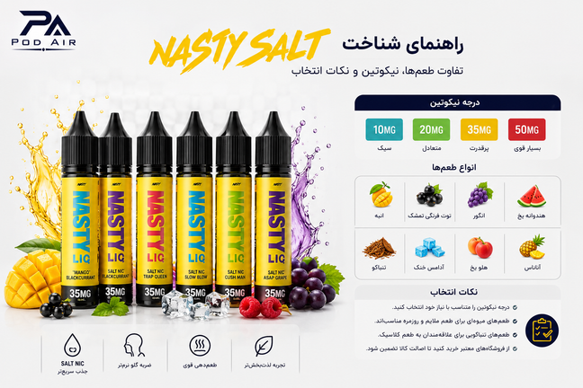 راهنمای شناخت Nasty Salt؛ تفاوت طعمها، نیکوتین و نکات انتخاب