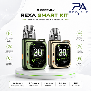 پادسیستم فریمکس رکسا اسمارت Freemax Rexa Smart Pod Kit اورجینال با نمایشگر لمسی، باتری 1600 میلیآمپرساعت و توان 30 وات